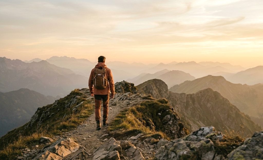 Persona caminando por un sendero de montaña al atardecer en un proceso de viaje personal y sanación