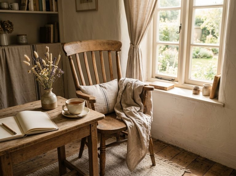 Silla de madera y mesa junto a la ventana para espacio de reflexión y terapia holística