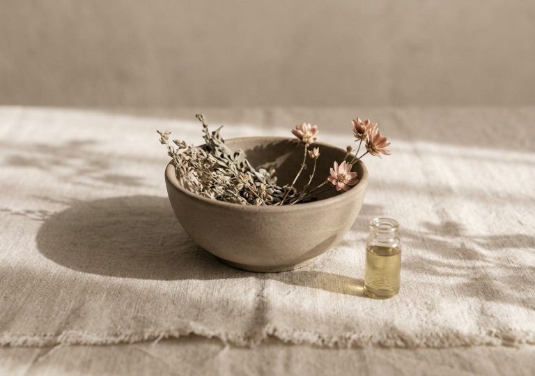 Cuenco de cerámica con flores secas y aceite esencial para la reconexión interna y el equilibrio